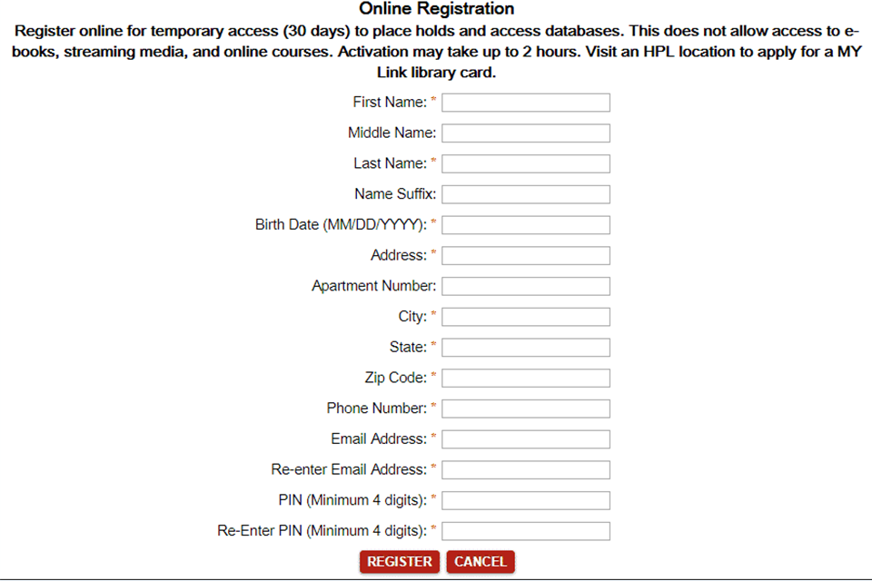 Houston Library registration application